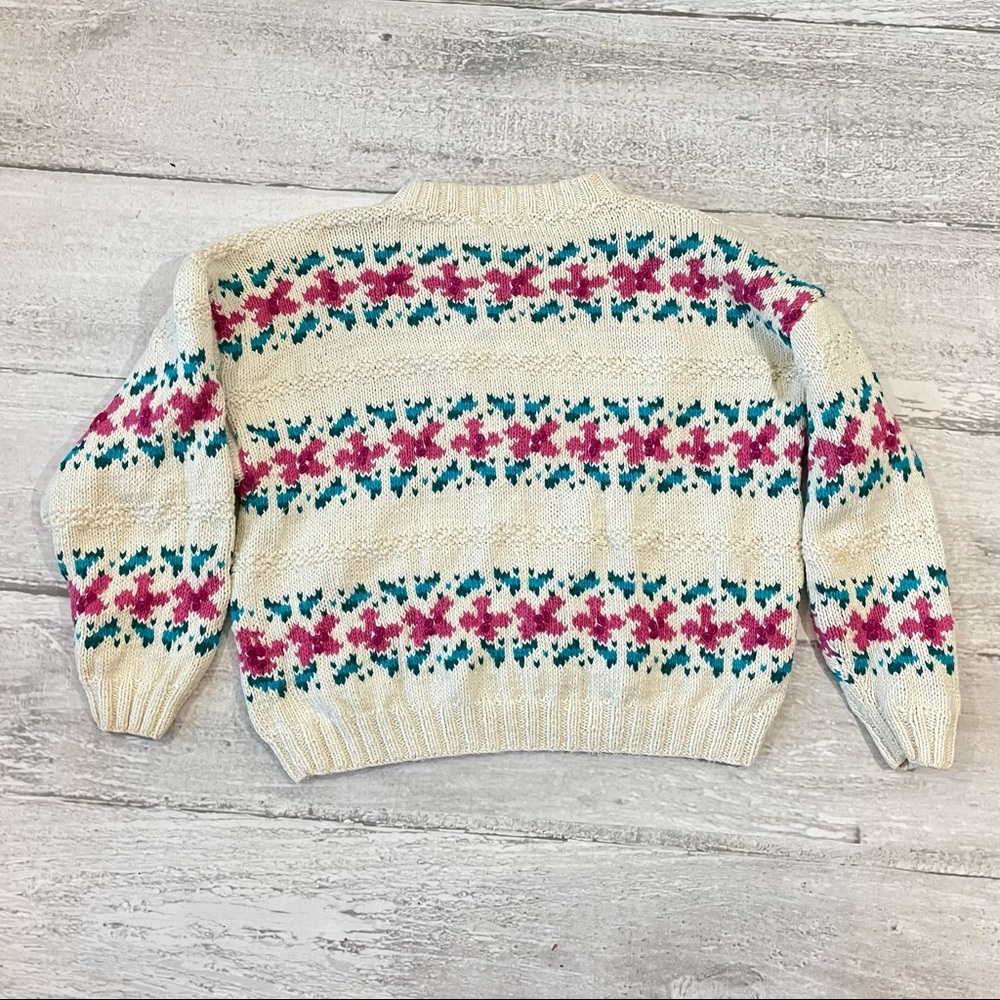 L.L. Bean Cream Crewneck Sweater with Pink and Teal Floral Fair Isle - Picture 2 of 9
